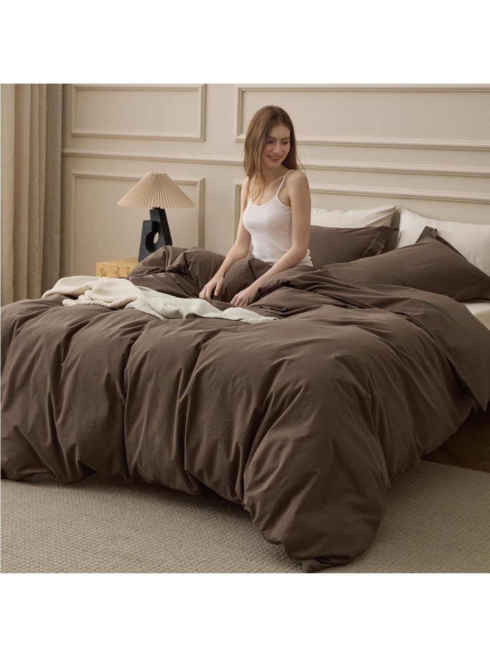 NEW Bedsure 100% Washed Cotton Duvet Cover Set Oversized King - Brown Minimalist
